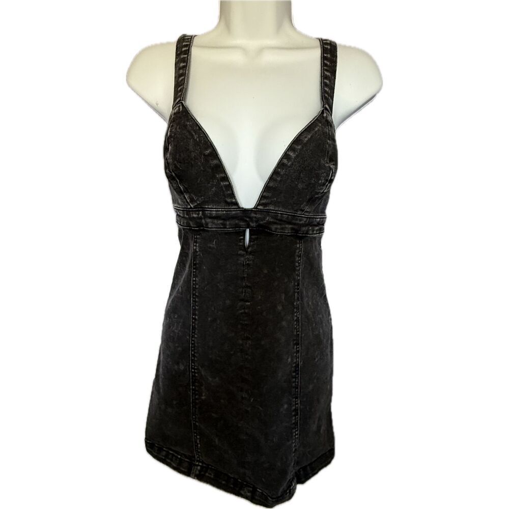 Vanilla Star Black Denim Low Cut Mini Dress Women’s Size S Grunge Goth